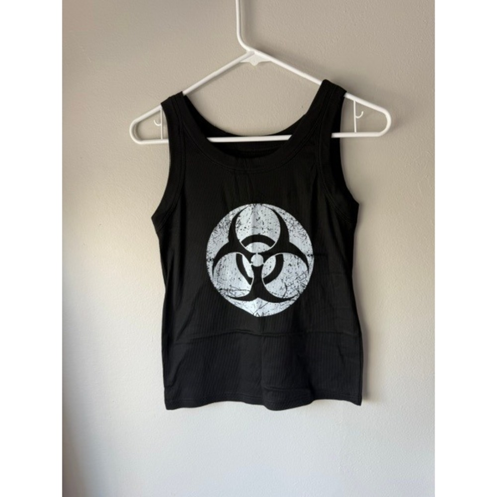 Biohazard Graphic Ribbed Tank Top Black Sleeveless Scoop Neck Goth Streetwear